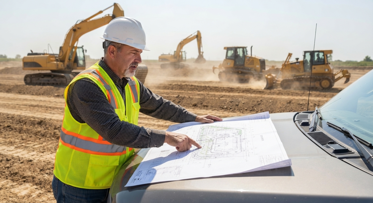 Construction professional reviewing site plans on a truck hood with earthmoving equipment behind