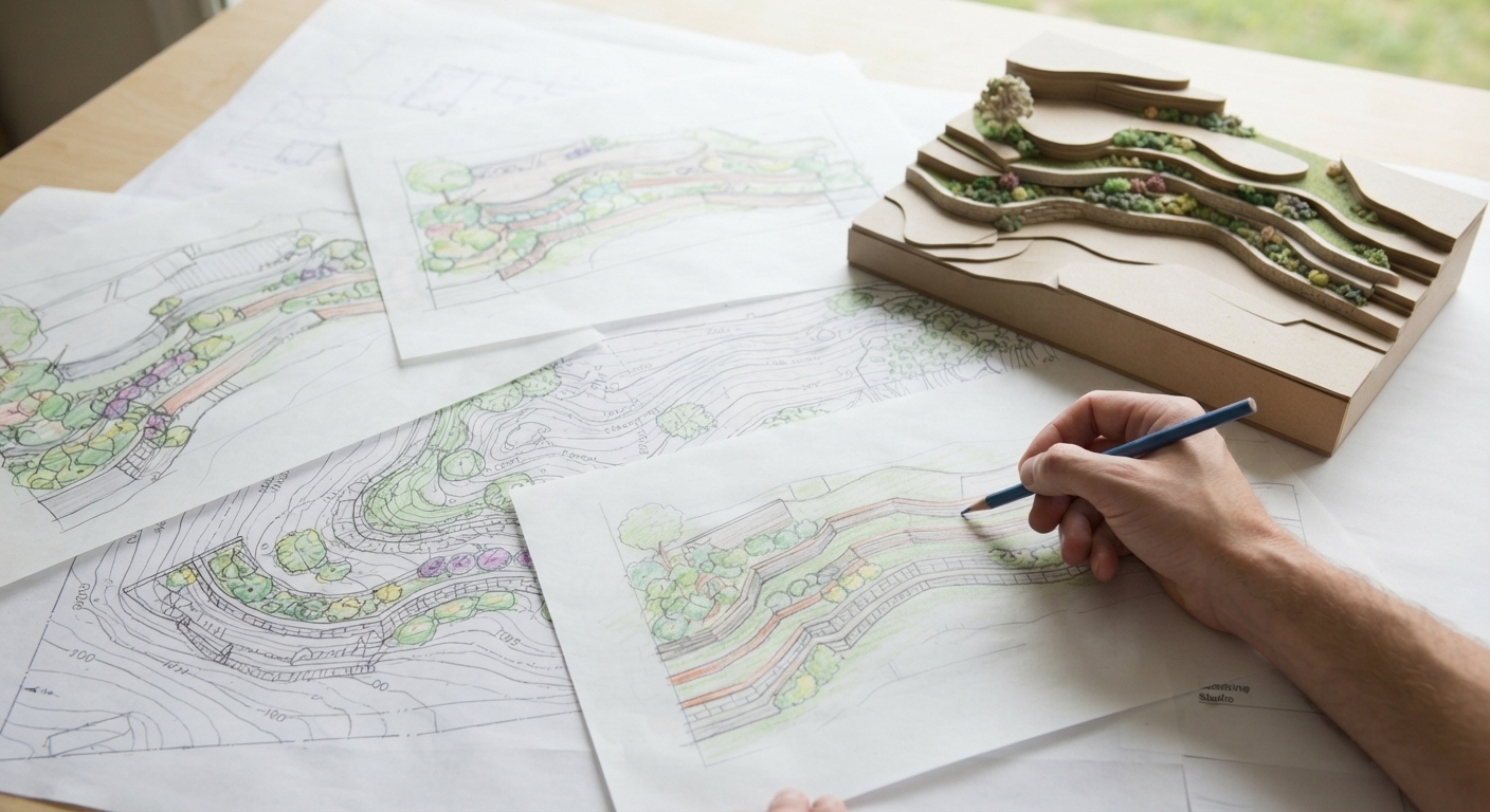 Hand-drawn landscape design plans with contour lines beside a stepped terrain model