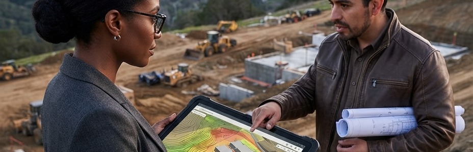 Architect and engineer reviewing a site plan with contours on a tablet at a hillside building site