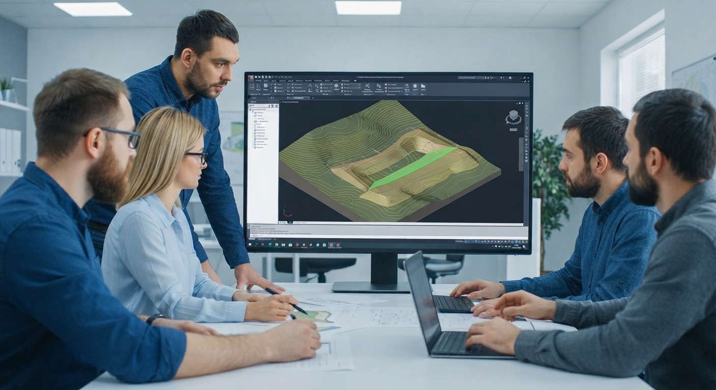 Engineering team reviewing a 3D terrain model with contours in CAD software