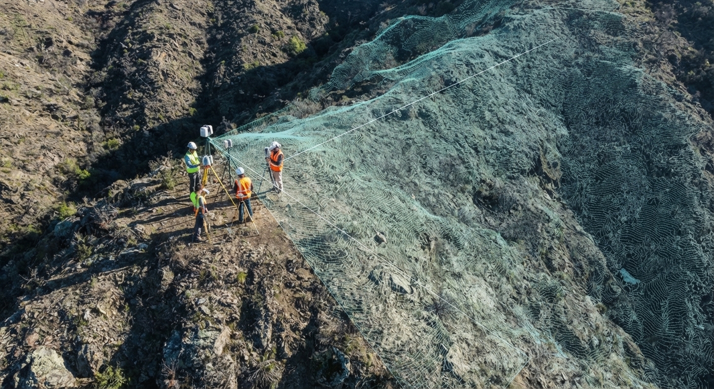 Survey crew running instruments on a steep hillside with LiDAR contours draped over the terrain